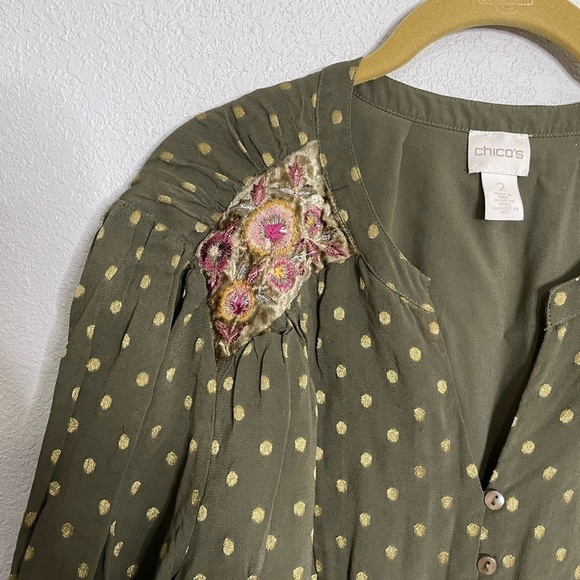 Chicos Green Metallic Polka Dot Floral Boho Blouse 2/L - Picture 6 of 9